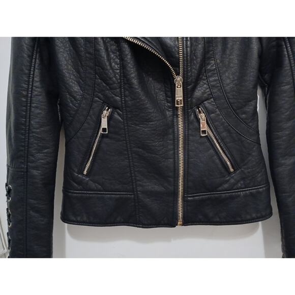 GUESS Moto Jacket Faux Leather Mink Fur Corset Laced XS Black Designer Assymetri - Picture 8 of 16